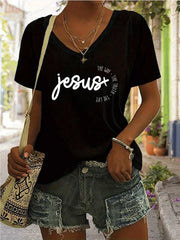 Letter V-neck Regular T-shirt