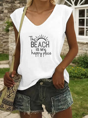 The Beach Is My Happy Place Letter V-neck Tank