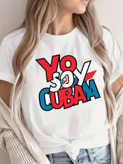 Letter Yo Soy CUBAM Round Neck T-shirt