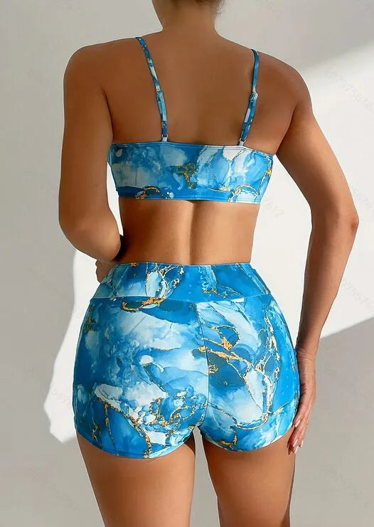 Marble Print Backless Medium Rise Bikini