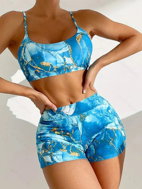 Marble Print Backless Medium Rise Bikini