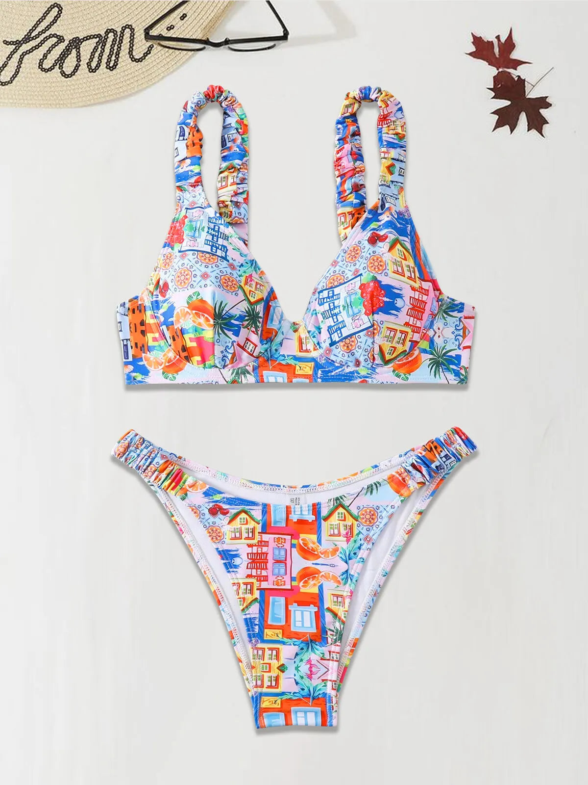 Graphic Medium Rise Spaghetti Strap Bikini 