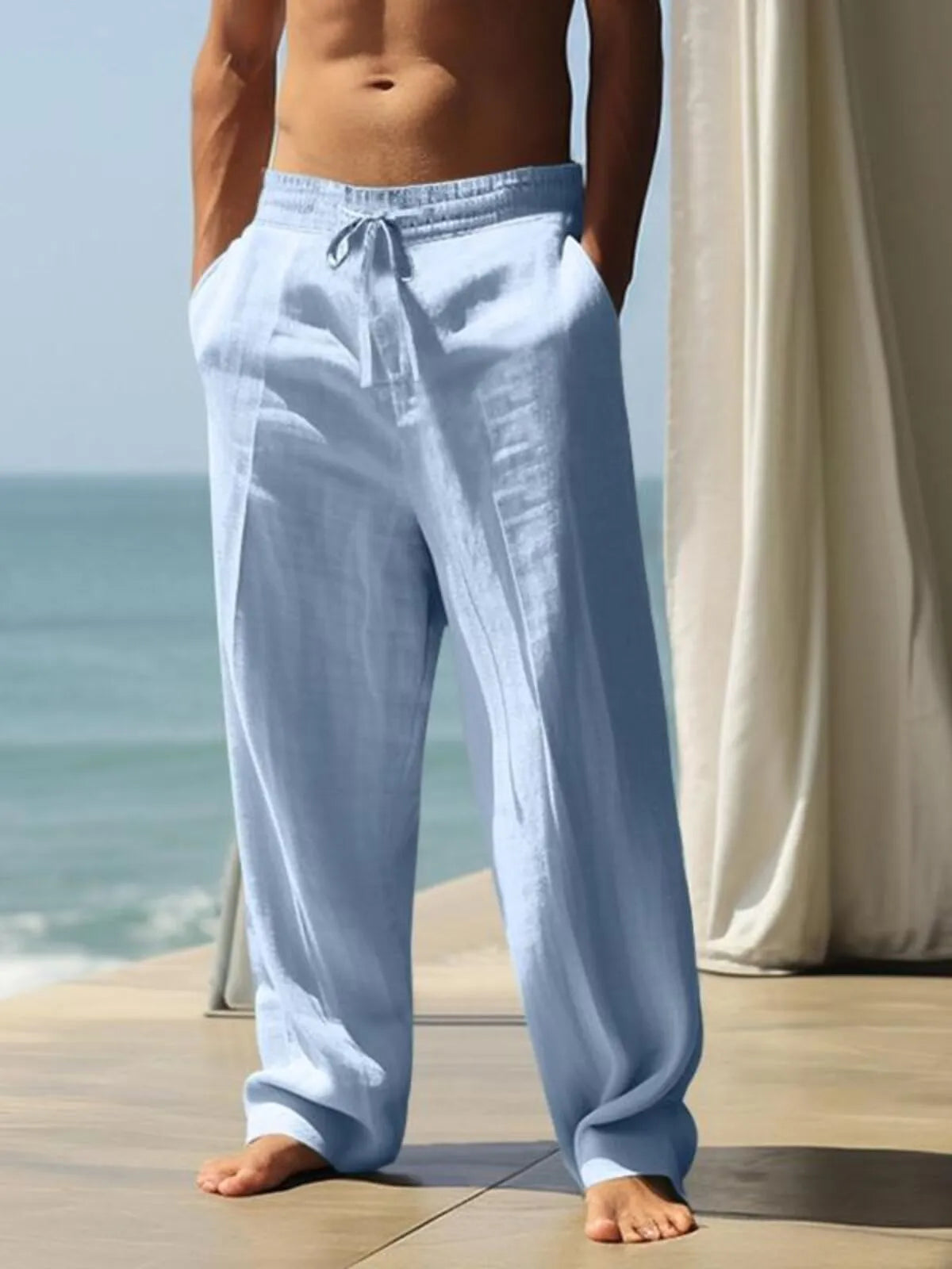 Men Solid Casual Loose Fit High-Quality Linen Lace-up Medium Rise Straight Pants