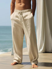 Men Solid Casual Loose Fit High-Quality Linen Lace-up Medium Rise Straight Pants