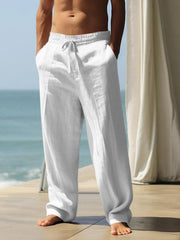 Men Solid Casual Loose Fit High-Quality Linen Lace-up Medium Rise Straight Pants