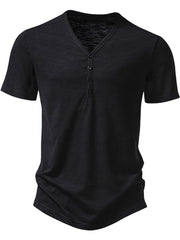 Men Solid Casual V-neck Henley T-shirt