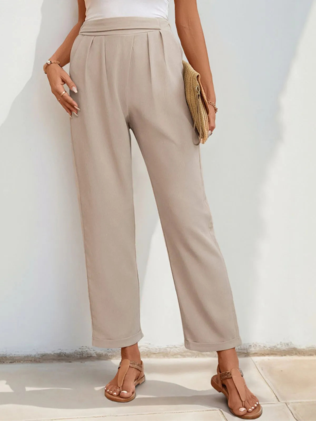 Minimalist Textured Office Chic Tapered High Rise Lace Up Pants 