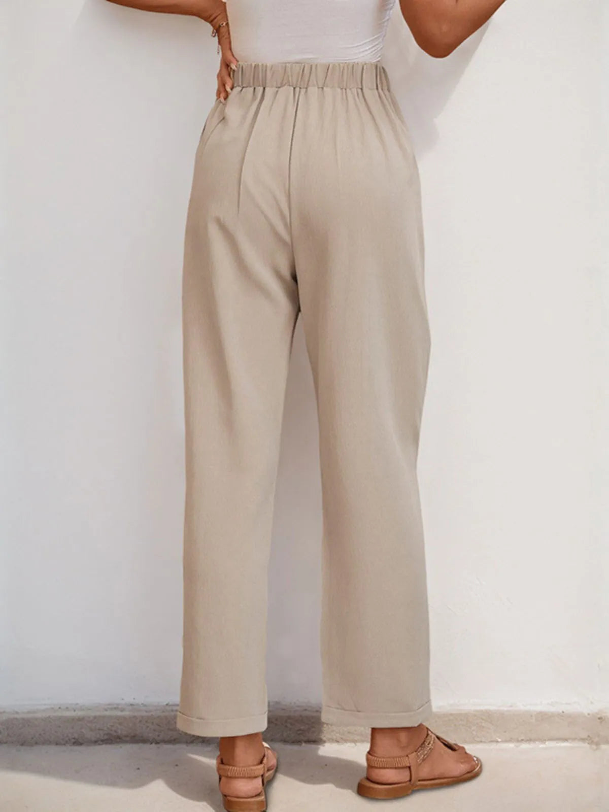 Minimalist Textured Office Chic Tapered High Rise Lace Up Pants 