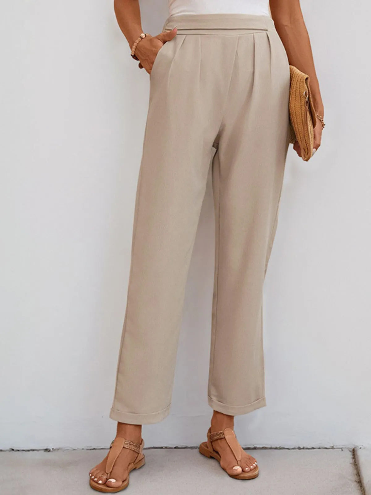 Minimalist Textured Office Chic Tapered High Rise Lace Up Pants 