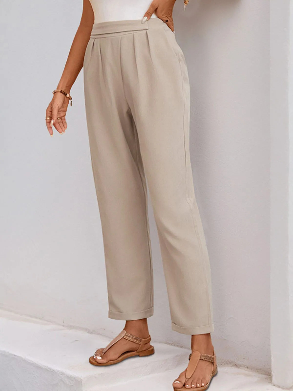 Minimalist Textured Office Chic Tapered High Rise Lace Up Pants 