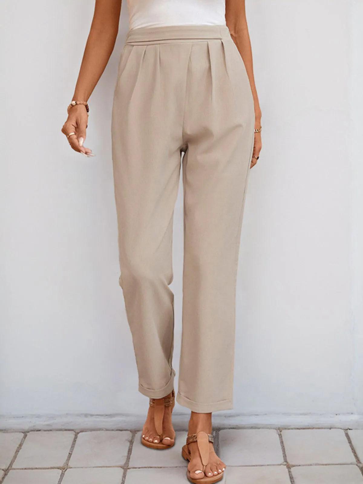 Minimalist Textured Office Chic Tapered High Rise Lace Up Pants 