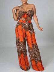 Leopard Wrinkle Strapless Cropped Top & Leopard Palazzo Pants