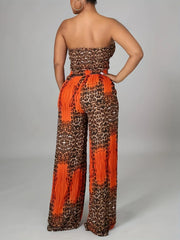 Leopard Wrinkle Strapless Cropped Top & Leopard Palazzo Pants