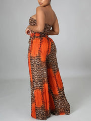Leopard Wrinkle Strapless Cropped Top & Leopard Palazzo Pants