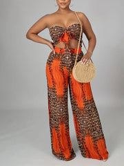 Leopard Wrinkle Strapless Cropped Top & Leopard Palazzo Pants
