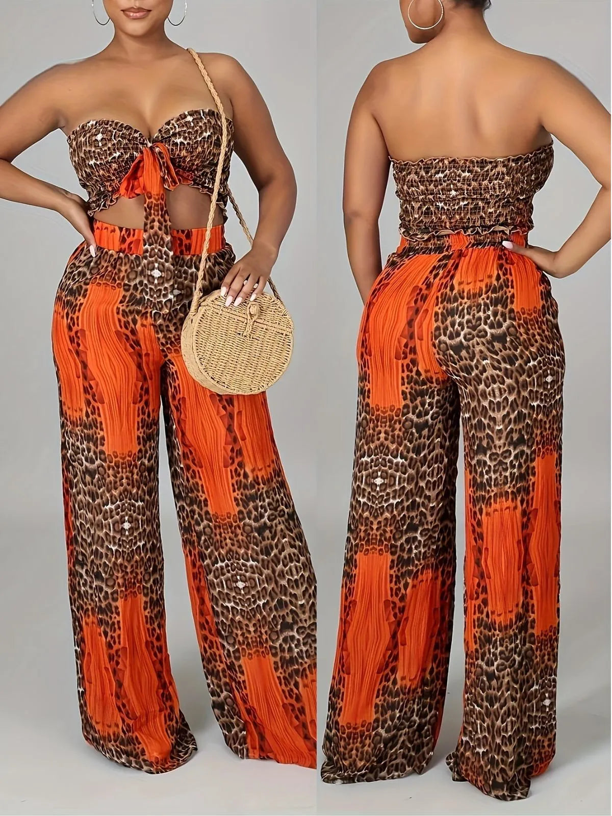Leopard Wrinkle Strapless Cropped Top & Leopard Palazzo Pants