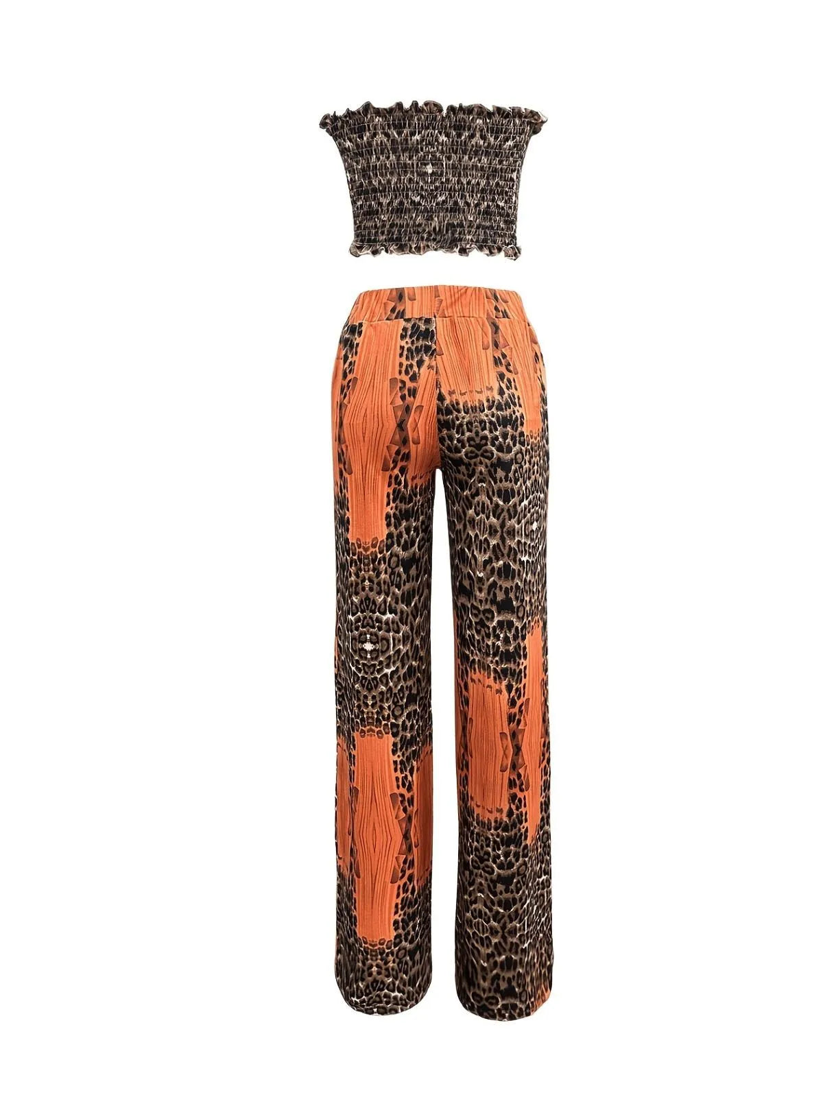 Leopard Wrinkle Strapless Cropped Top & Leopard Palazzo Pants