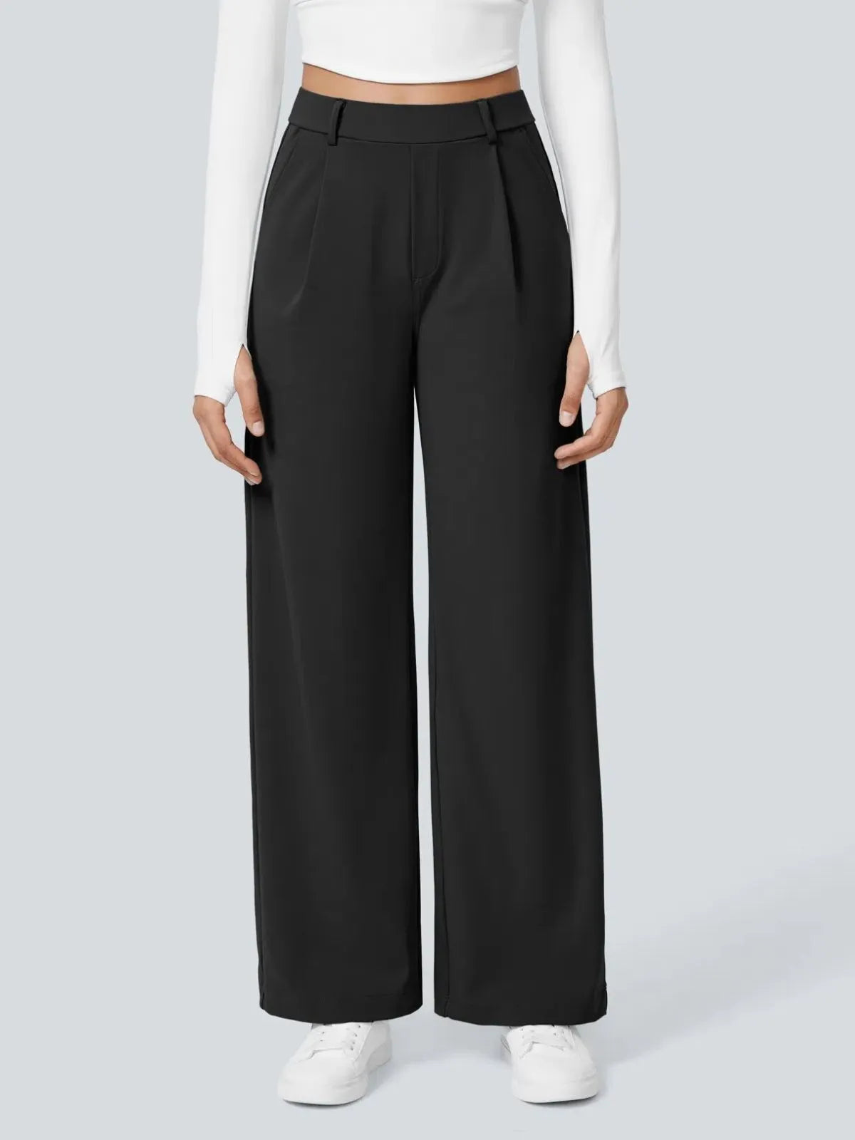 Office Chic Stretch Comfywear High Waisted Plicated Side Pocket Straight Leg Pants