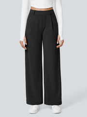 Office Chic Stretch Comfywear High Waisted Plicated Side Pocket Straight Leg Pants