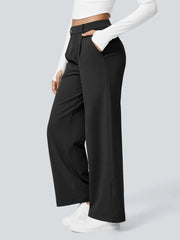 Office Chic Stretch Comfywear High Waisted Plicated Side Pocket Straight Leg Pants