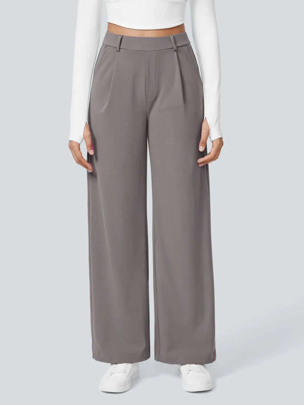 Office Chic Stretch Comfywear High Waisted Plicated Side Pocket Straight Leg Pants