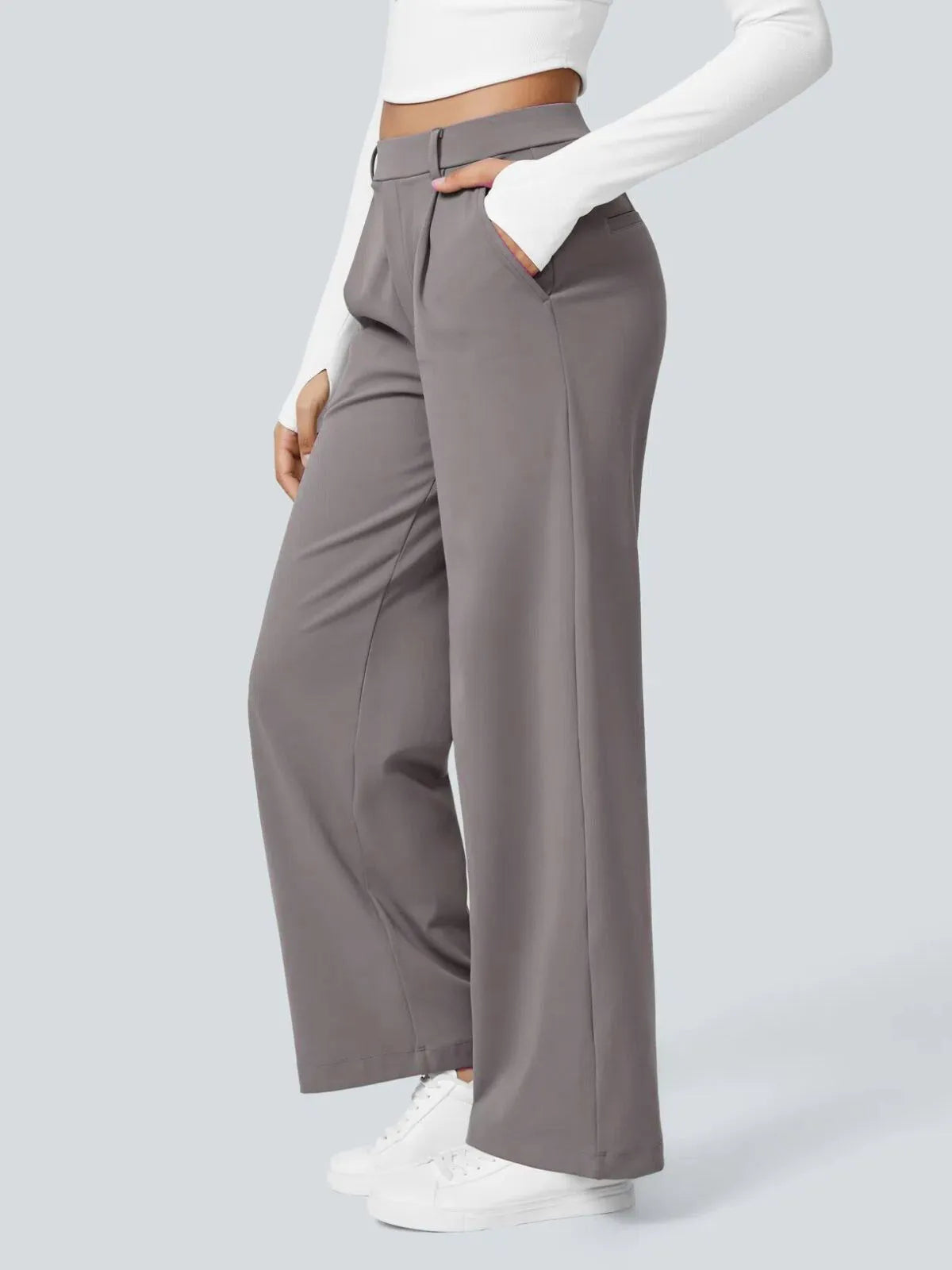 Office Chic Stretch Comfywear High Waisted Plicated Side Pocket Straight Leg Pants