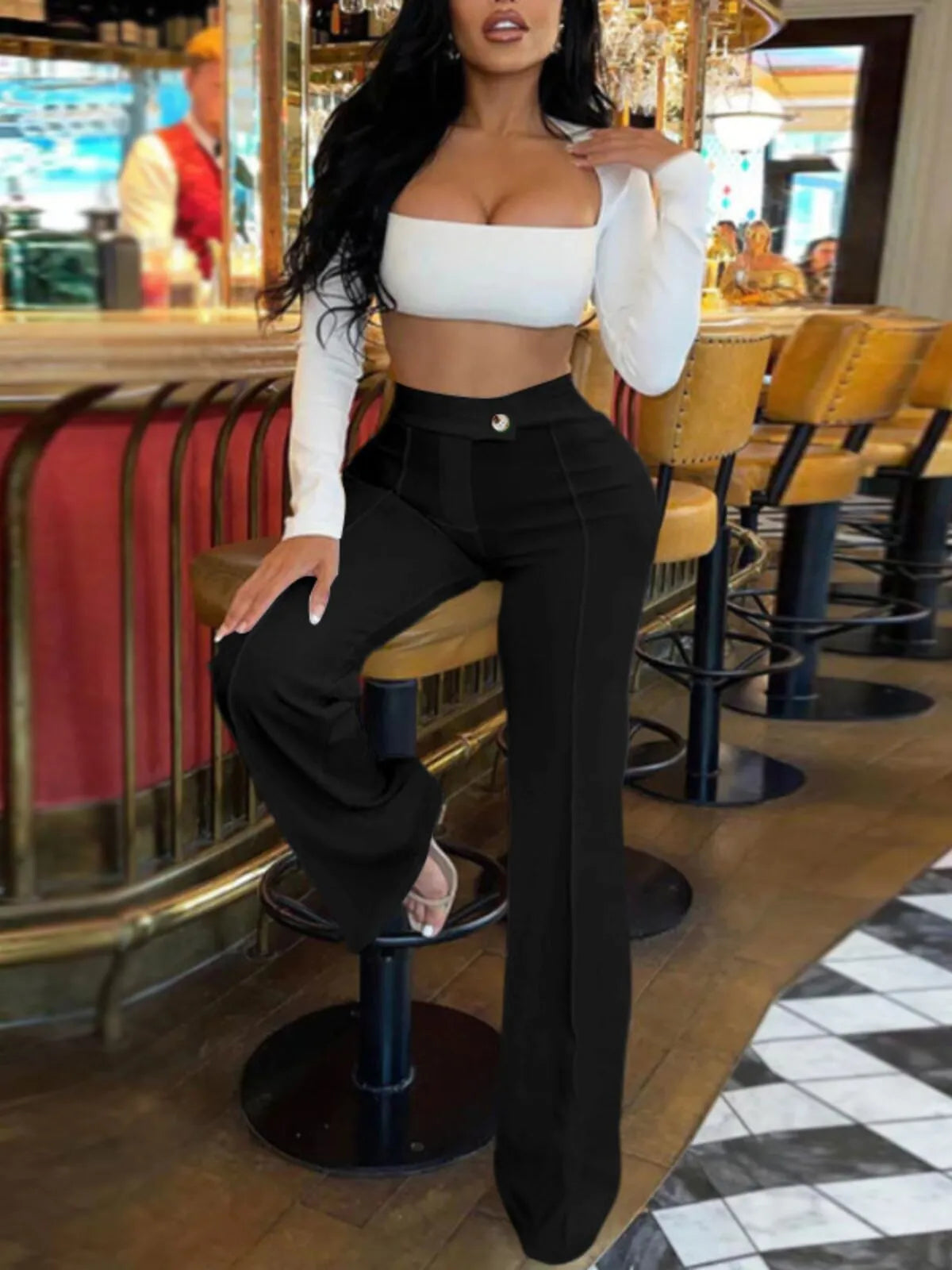 Office Outfits High Rise Zipper Fly Straight Leg Pants