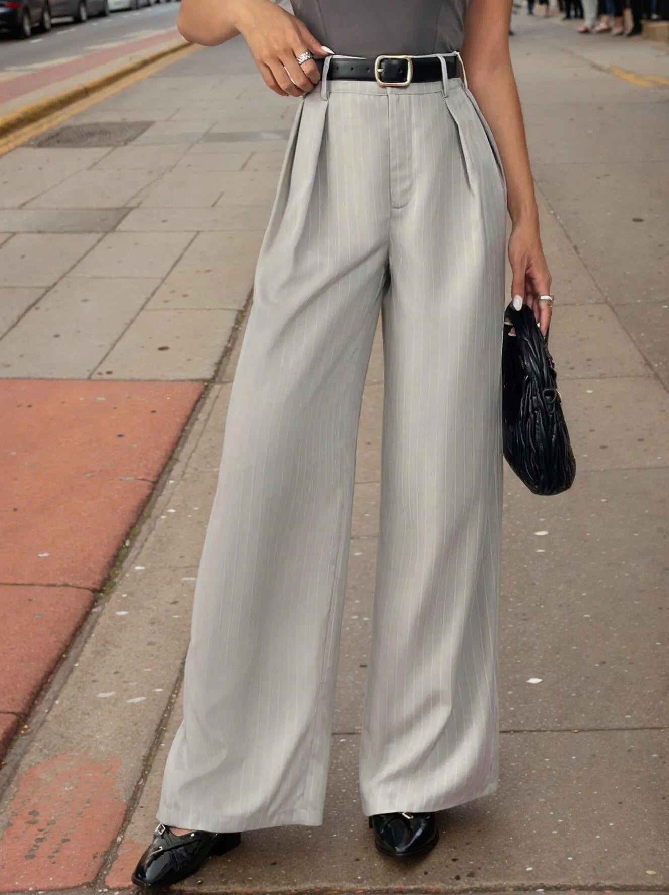 Office Simple Daily Suit Striped High Rise Zipper Fly Pants