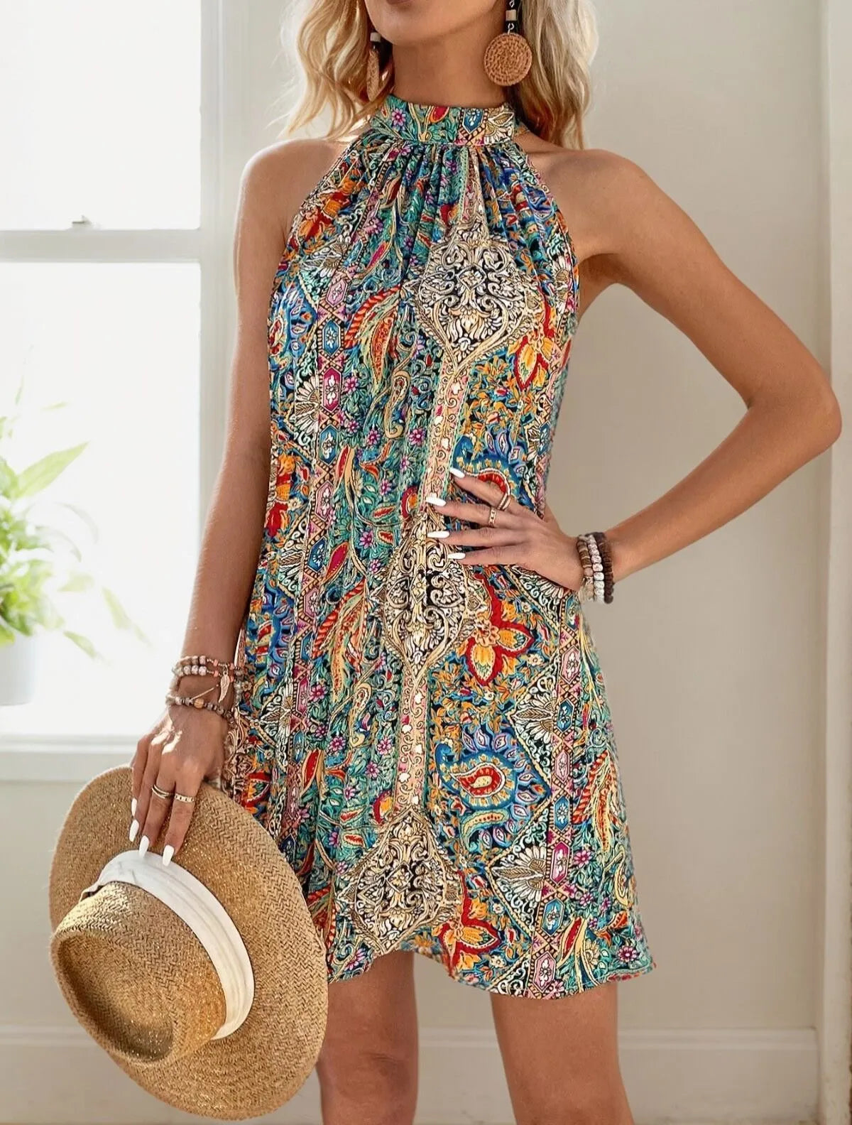 Paisley High Neck A-line Dress