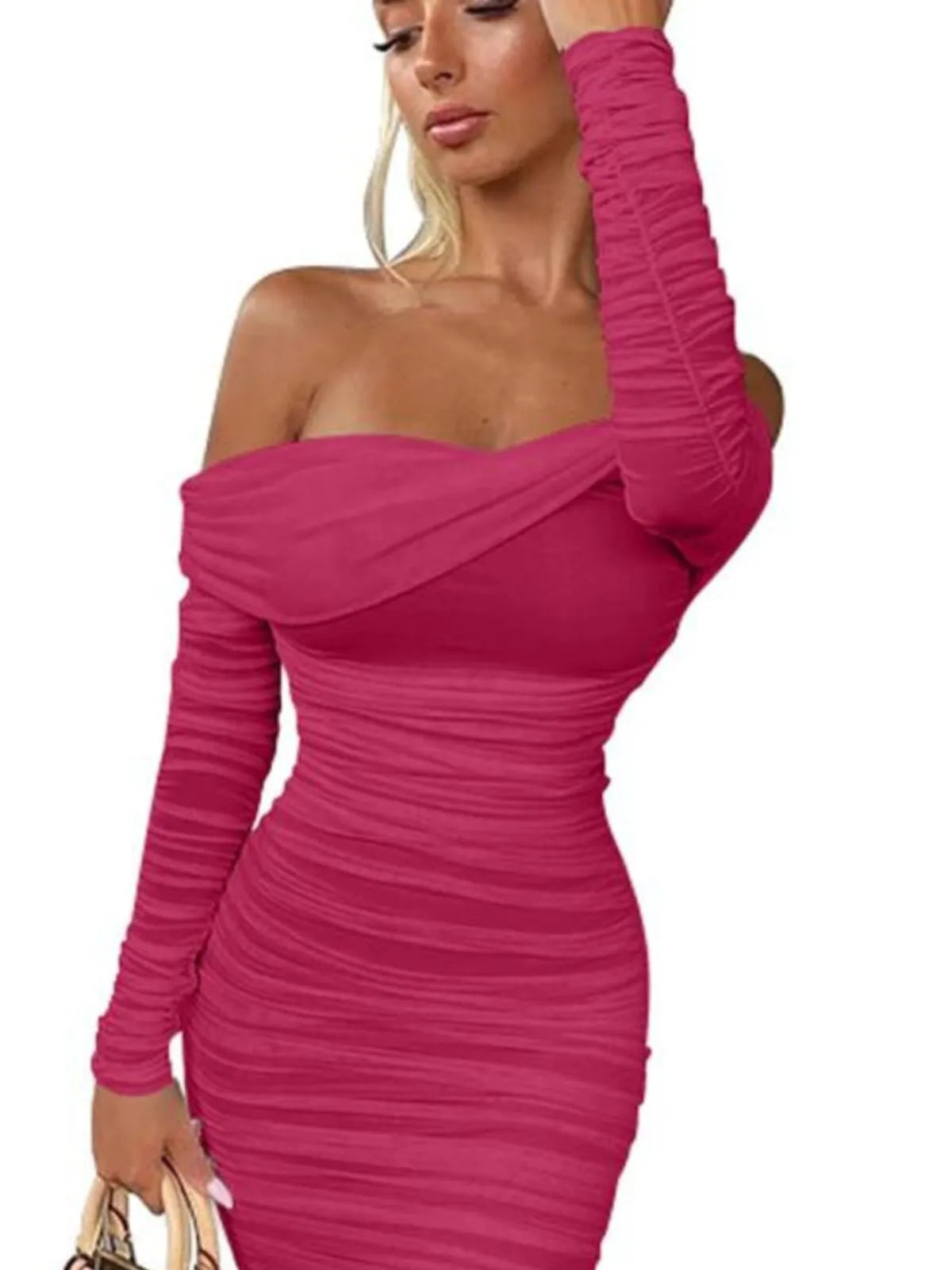 Sexy Elegant Ruffle Long Sleeve Off Shoulder Ruched Party Dress