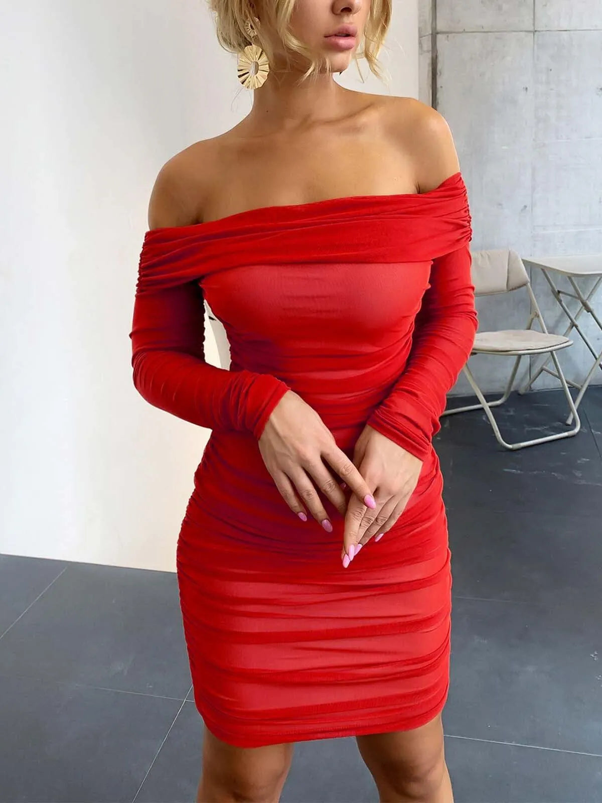 Sexy Elegant Ruffle Long Sleeve Off Shoulder Ruched Party Dress