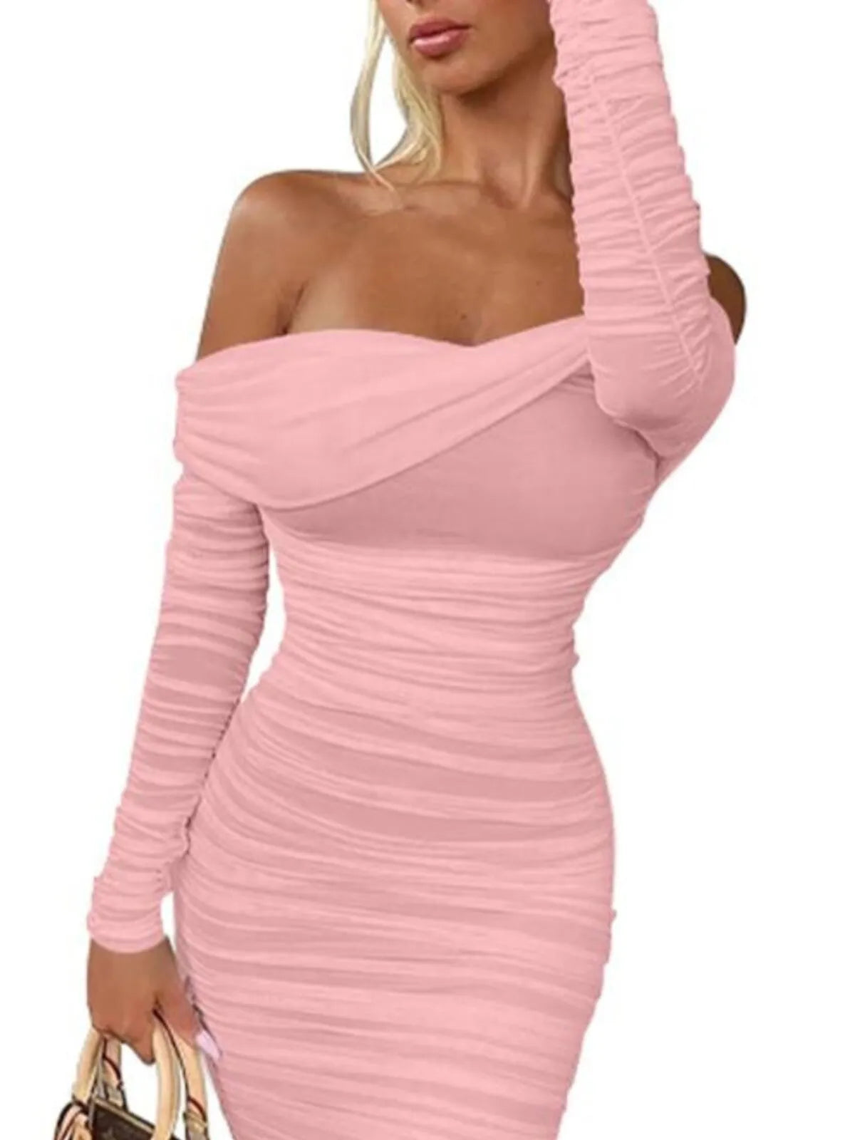 Sexy Elegant Ruffle Long Sleeve Off Shoulder Ruched Party Dress