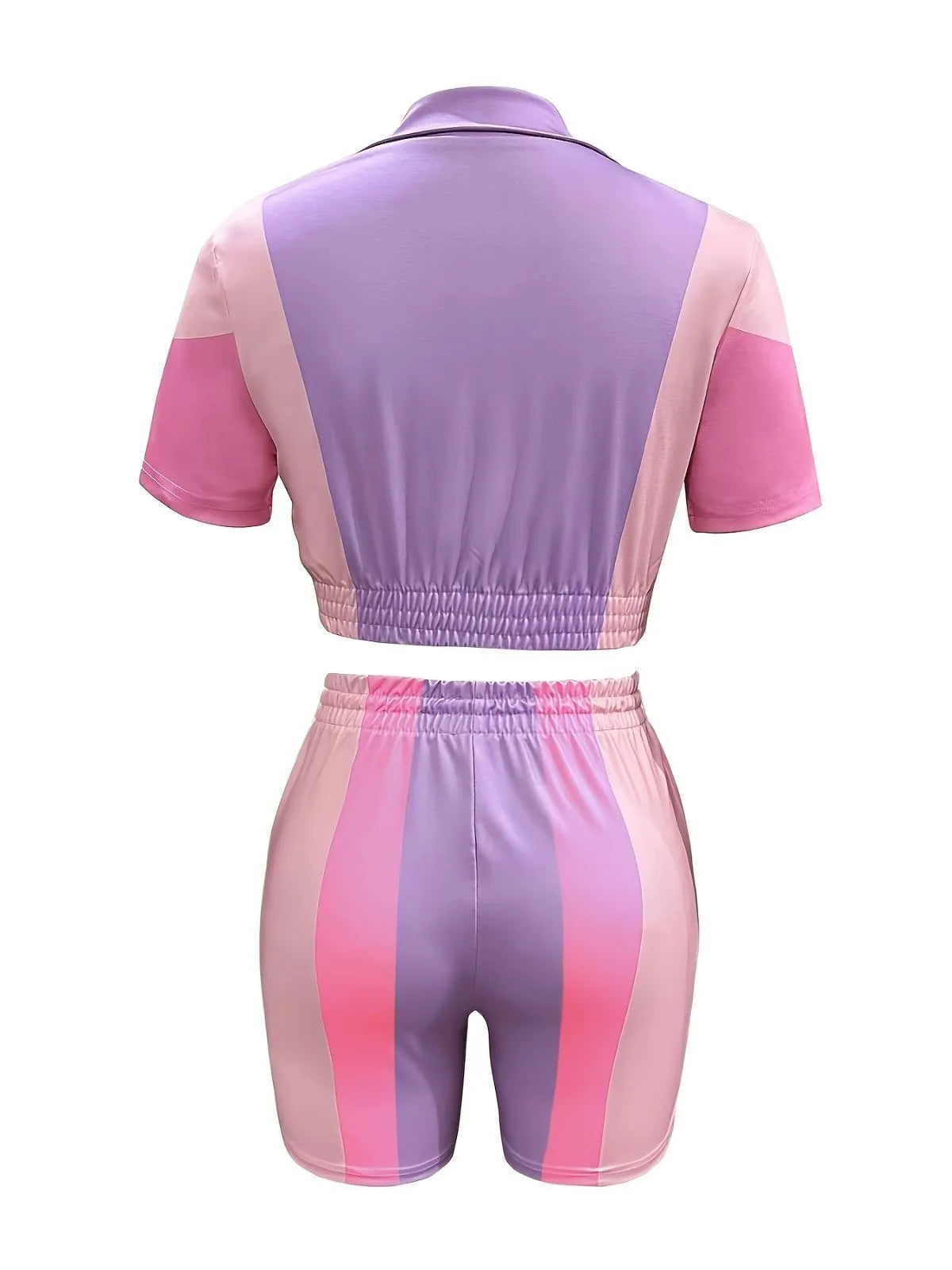 Colorblock Lapel Zipper Blouse & Colorblock Shorts