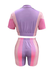 Colorblock Lapel Zipper Blouse & Colorblock Shorts