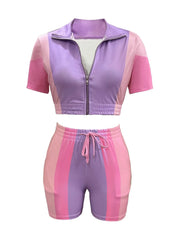 Colorblock Lapel Zipper Blouse & Colorblock Shorts