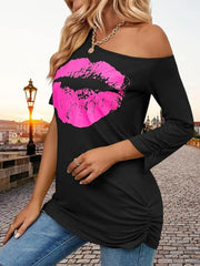 Pink Lips Print Asymmetrical T-shirt
