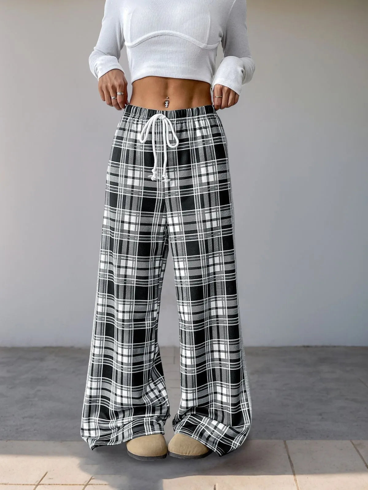 Casual Plaid Pocket High Rise Palazzo Pants
