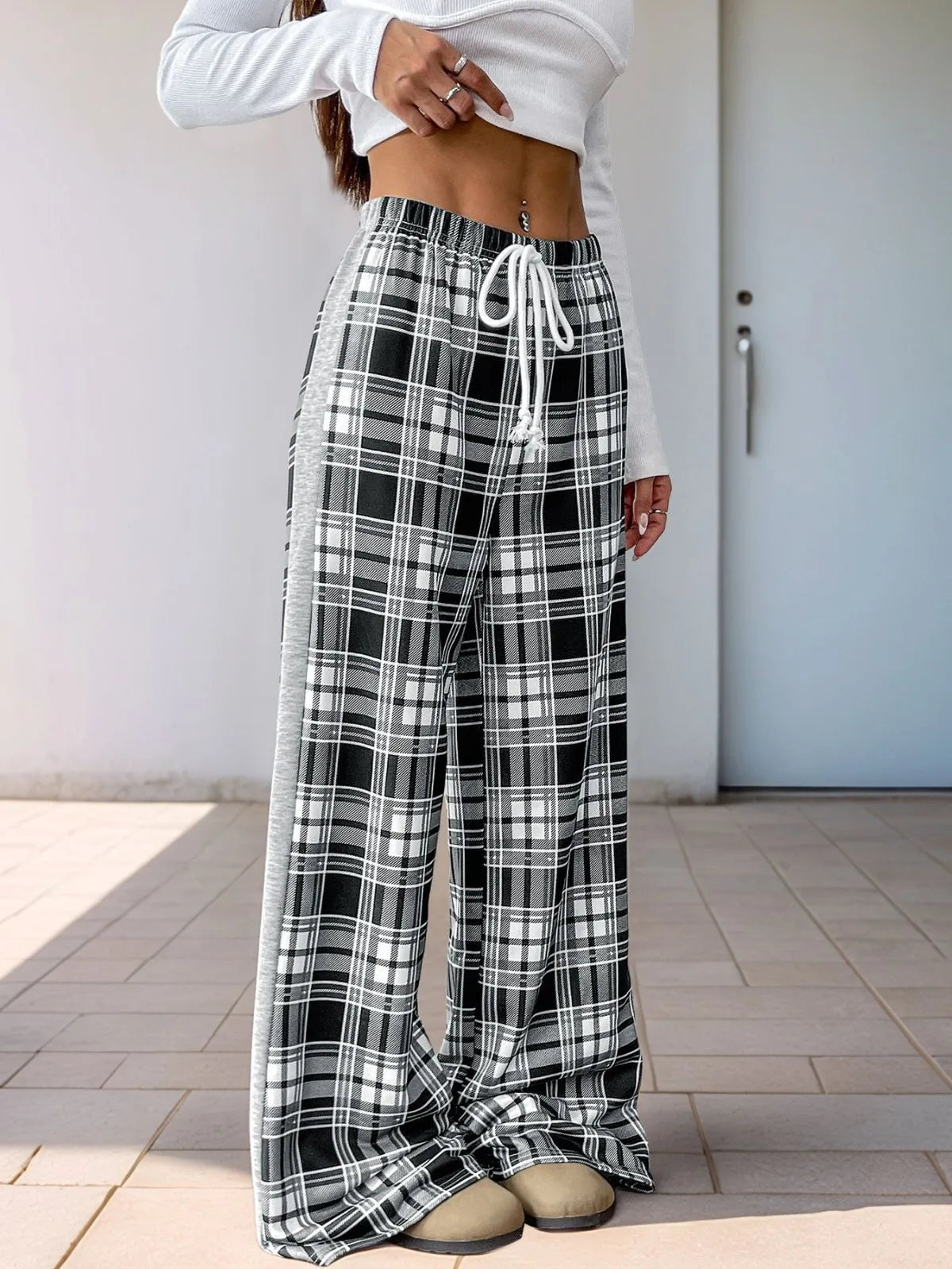 Casual Plaid Pocket High Rise Palazzo Pants