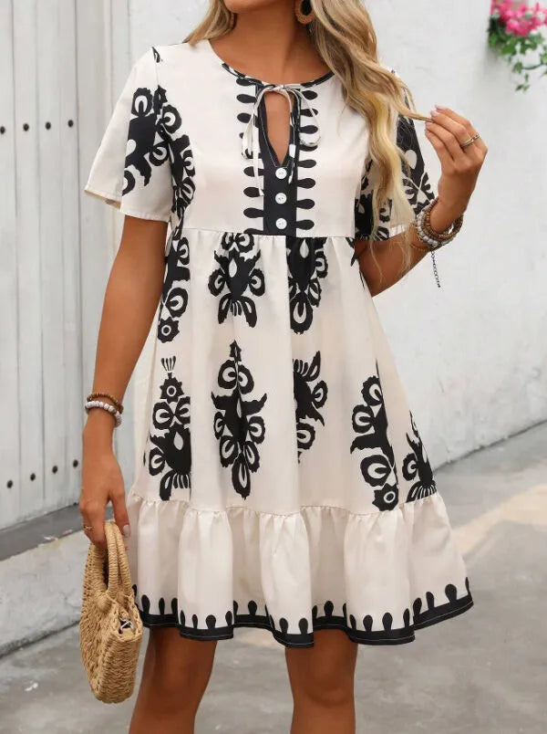 Floral Boho Ruffles V-neck Short A-line Dress