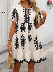 Floral Boho Ruffles V-neck Short A-line Dress