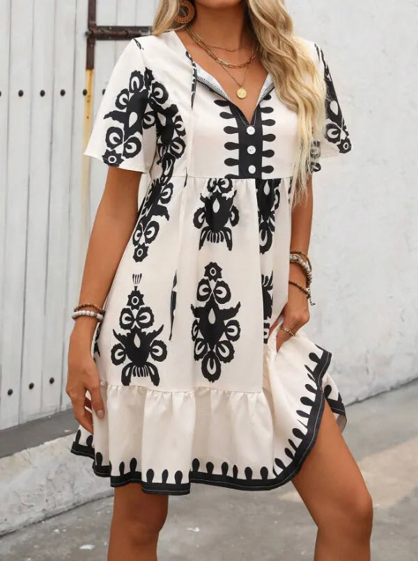 Floral Boho Ruffles V-neck Short A-line Dress