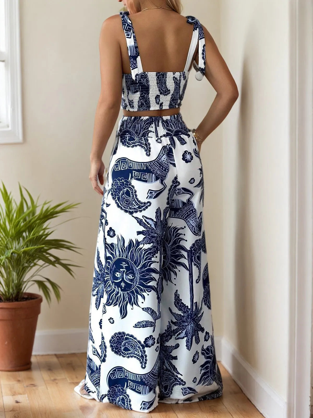Plants Bohemian Suspender Tank & Plants Straight Leg Pants,Vacation Outfit