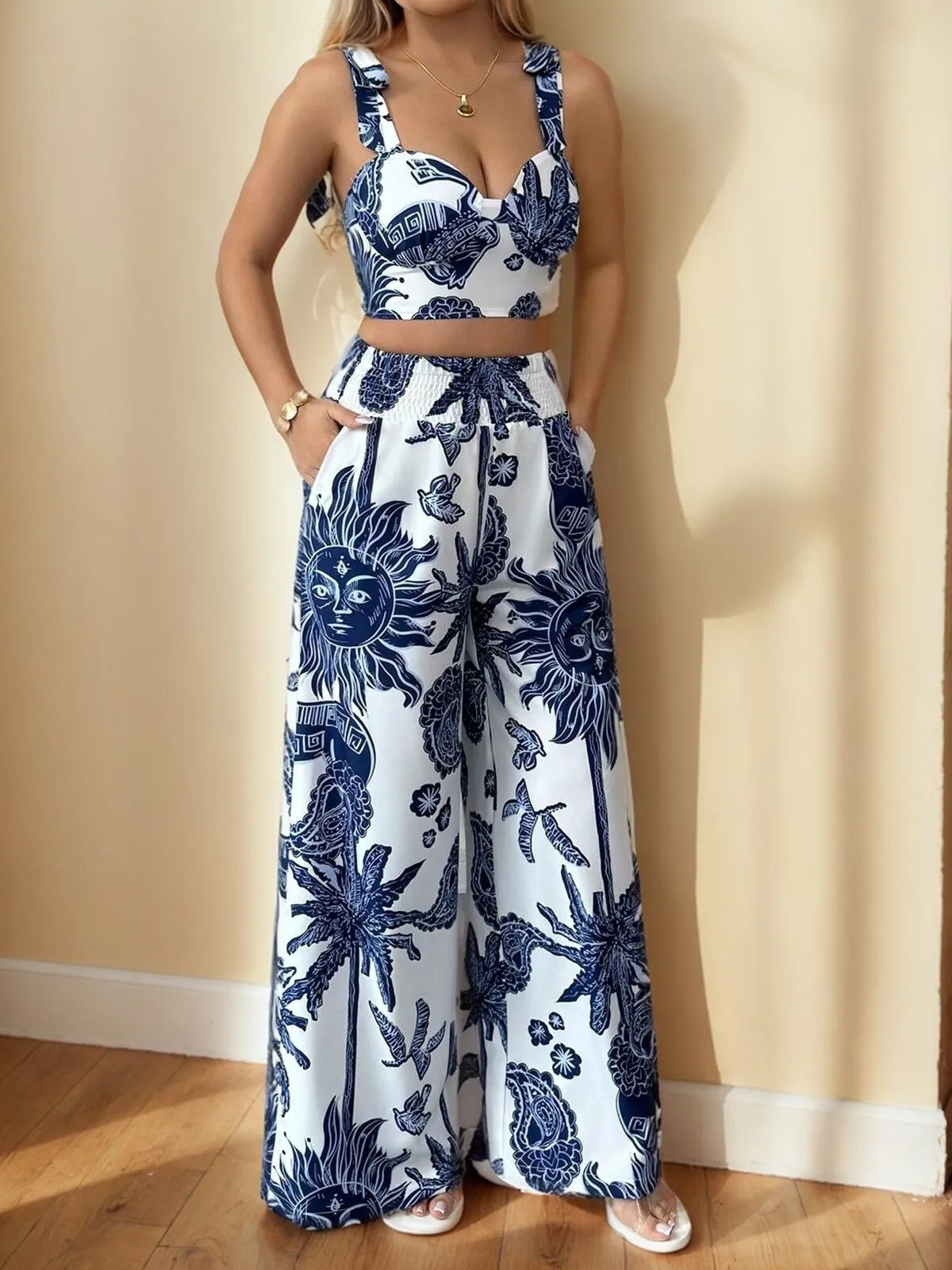 Plants Bohemian Suspender Tank & Plants Straight Leg Pants,Vacation Outfit