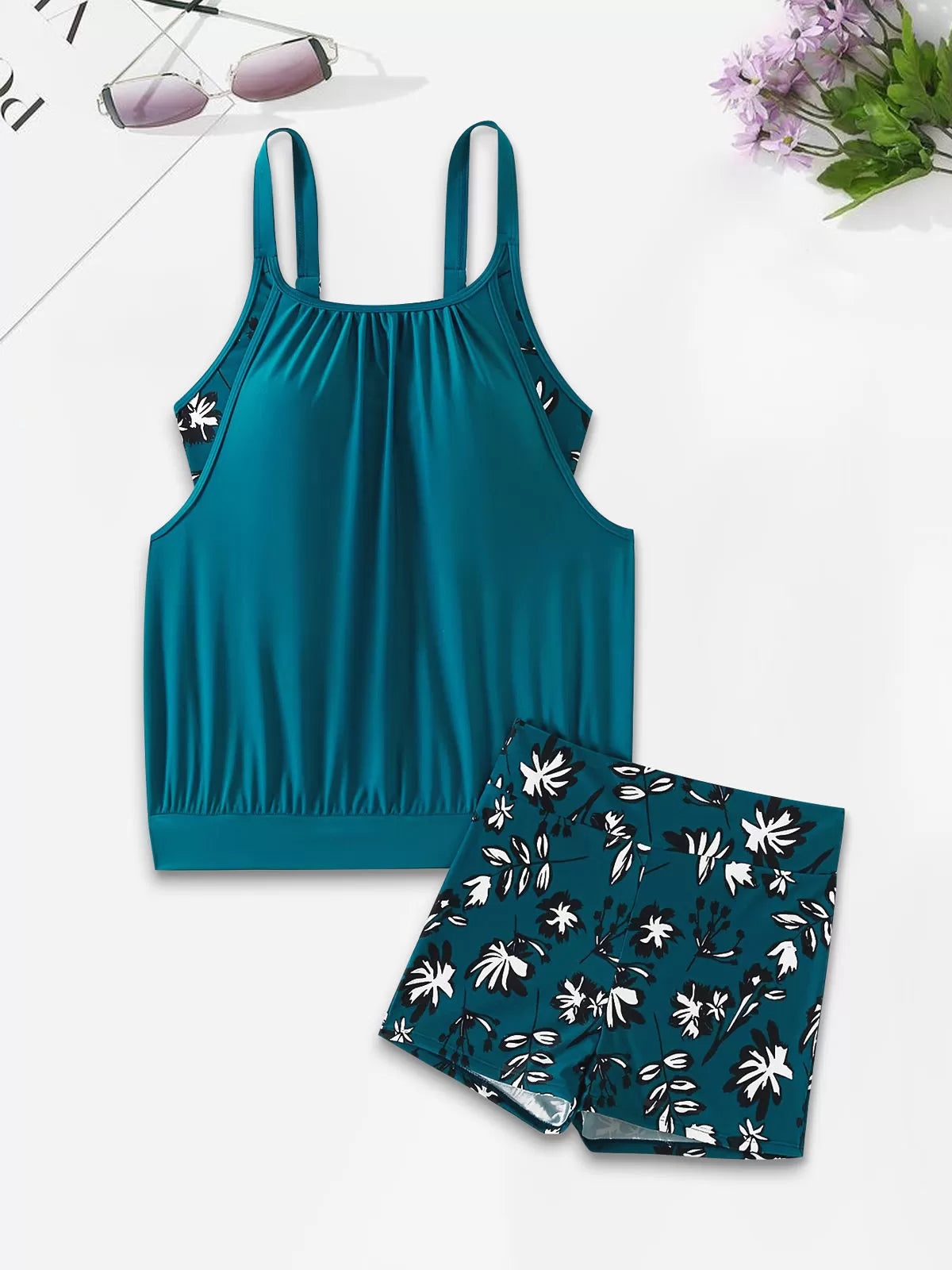 Plants Hollow Out Medium Rise Spaghetti Strap Tankini
