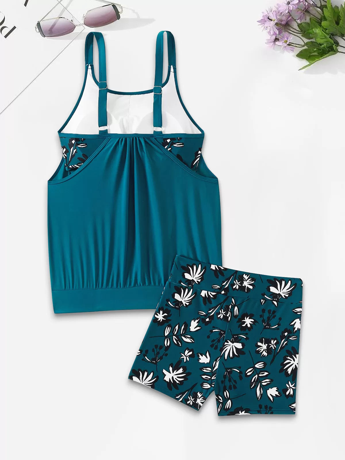 Plants Hollow Out Medium Rise Spaghetti Strap Tankini
