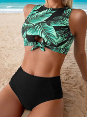 Plants Knot Round Neck Tankini 