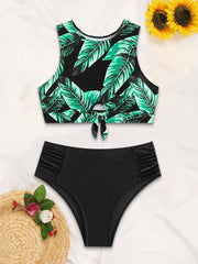Plants Knot Round Neck Tankini 