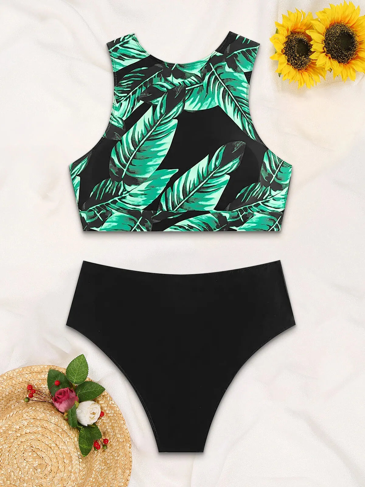 Plants Knot Round Neck Tankini 