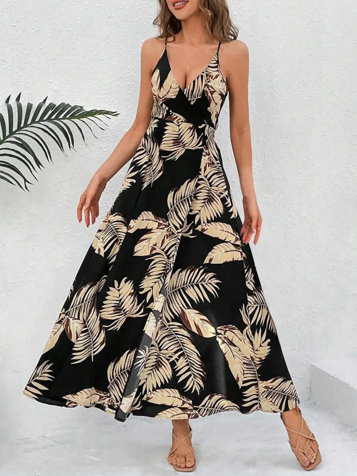 Plants Split Spaghetti Strap A-line Dress