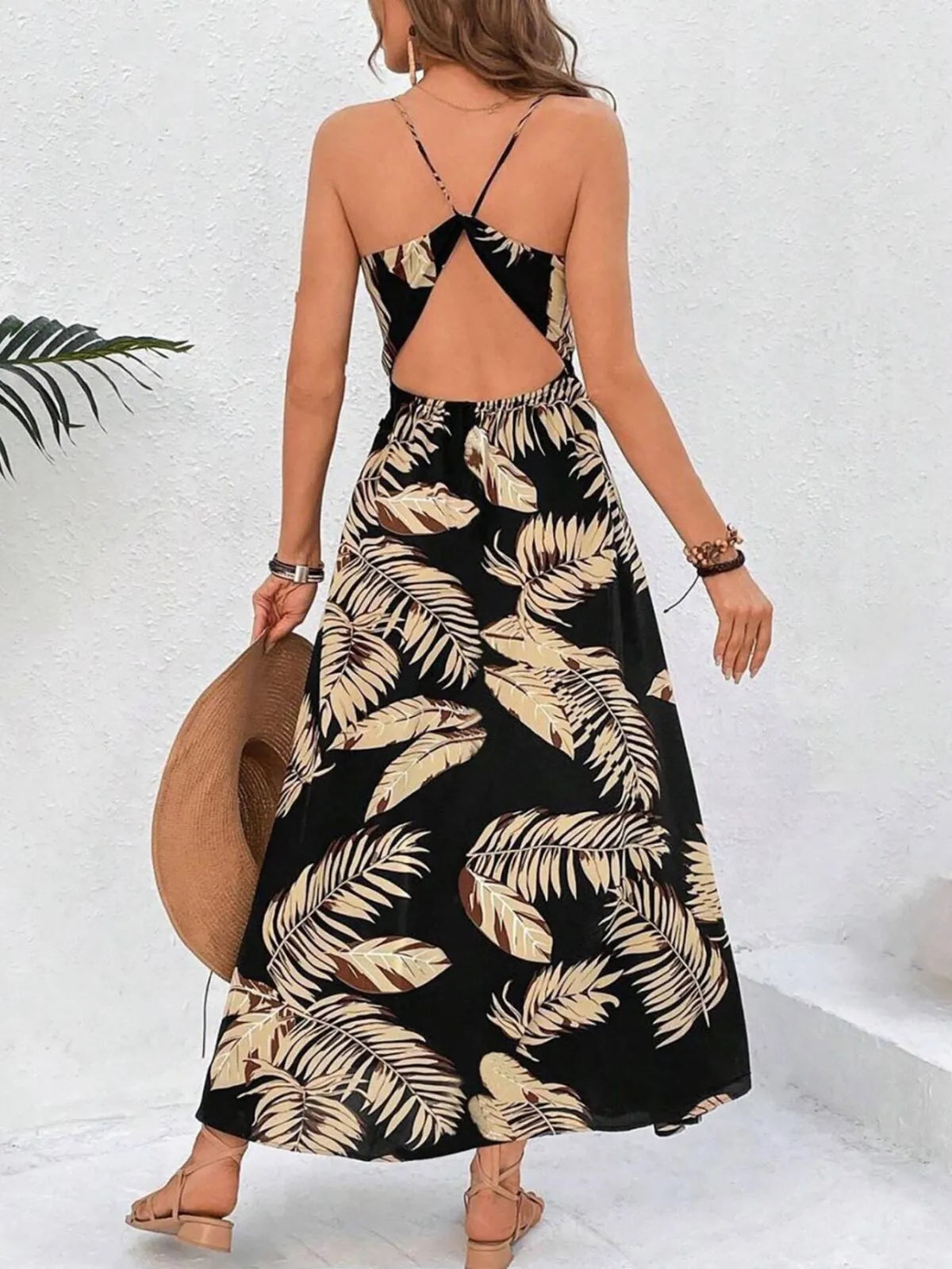Plants Split Spaghetti Strap A-line Dress